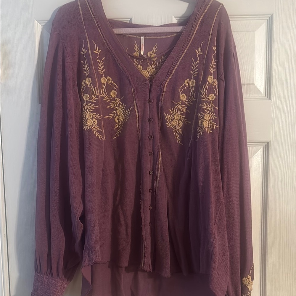 Free People Purple Blouse with Gold Embroidery
